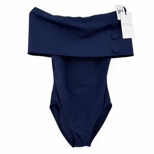 NWT Karla Colletto Billie Off-the-Shoulder One-Piece Swimsuit Navy Size 12